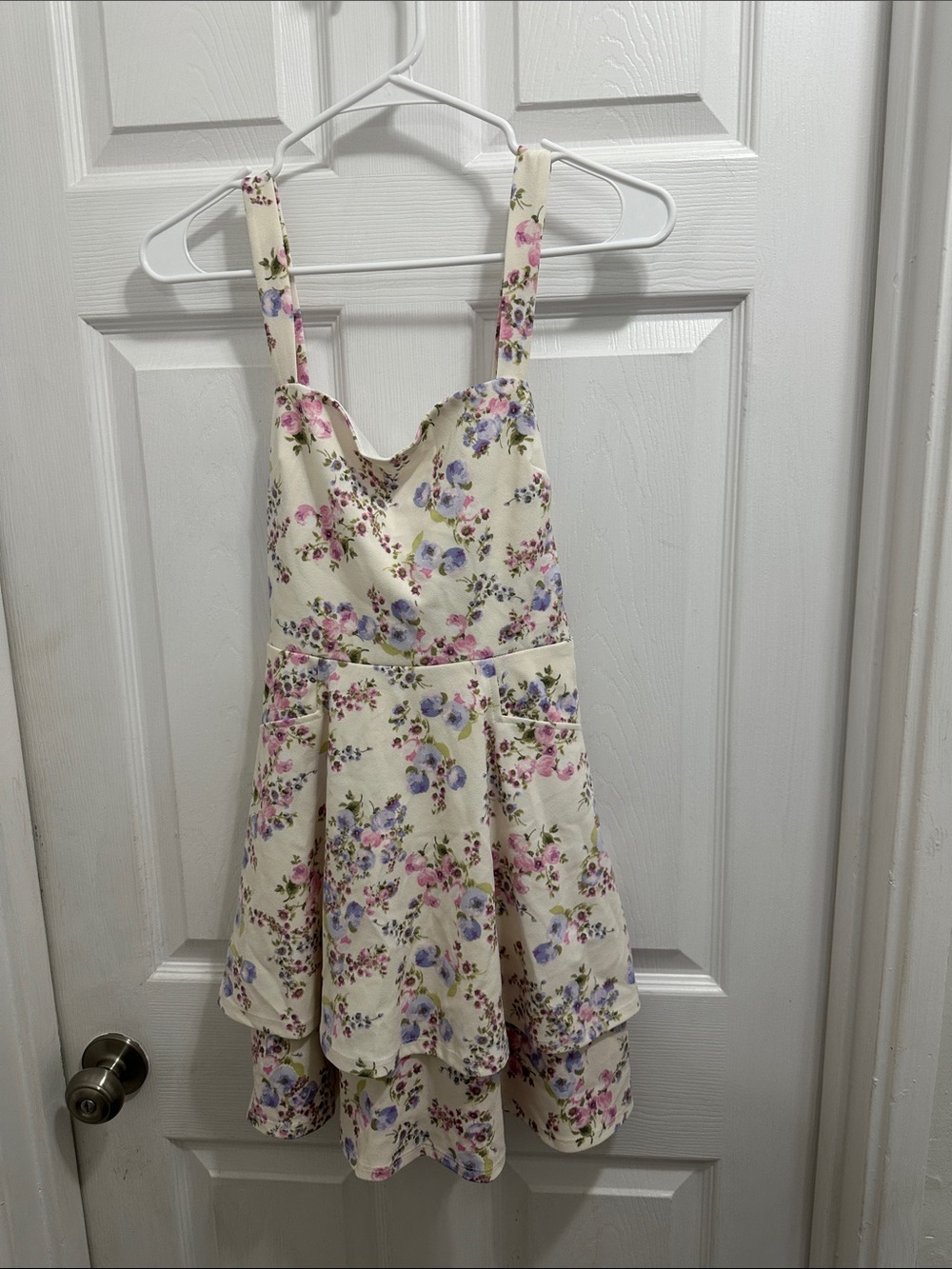 Girls Cream Floral Tiered Dress with Pink & Blue Blooms
